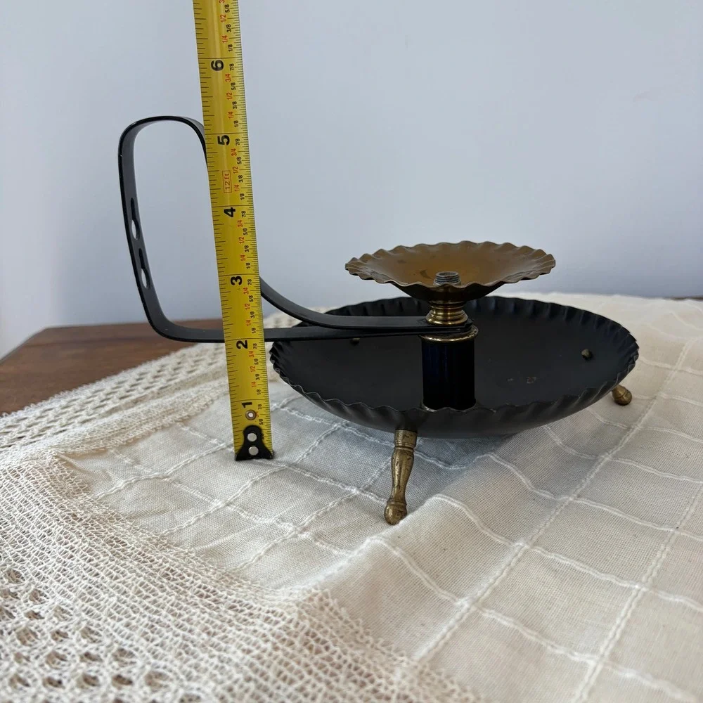 Vintage Black Metal Pillar Candle Holder Wall Sconce Brass Tripod Feet Scalloped